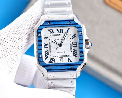 Replica Cartier Stainless Steel Bracelet Santos De Cartier Blue PVD Bezel Watch